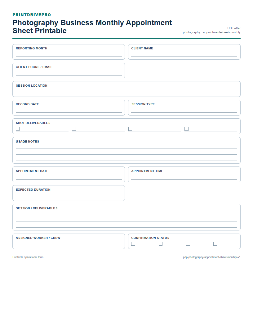 Photography Business Monthly Appointment Sheet Printable preview