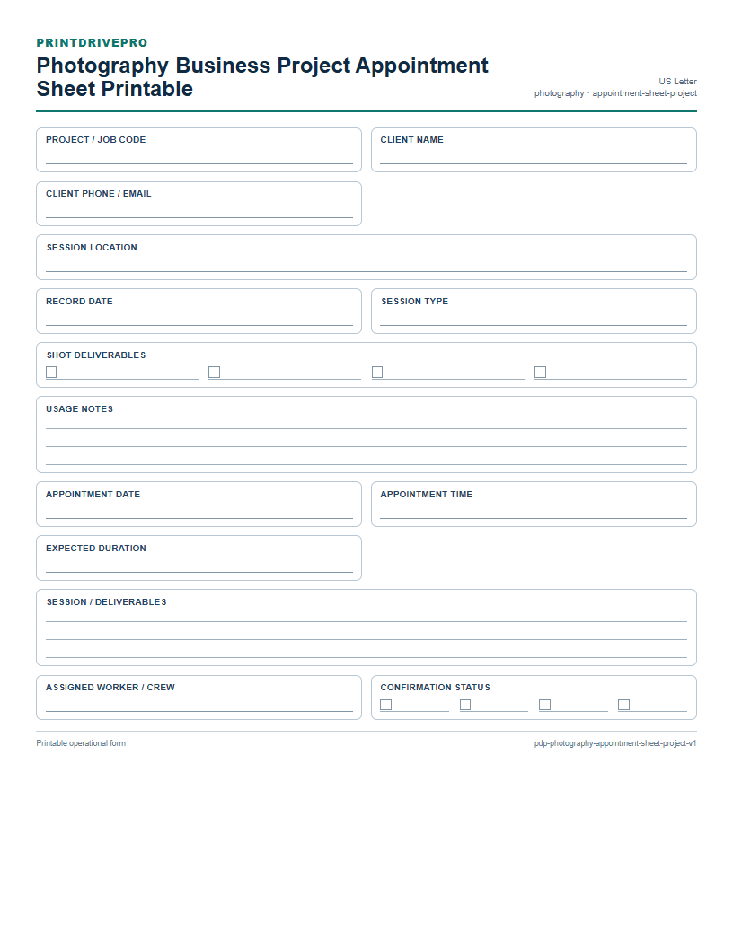 Photography Business Project Appointment Sheet Printable preview