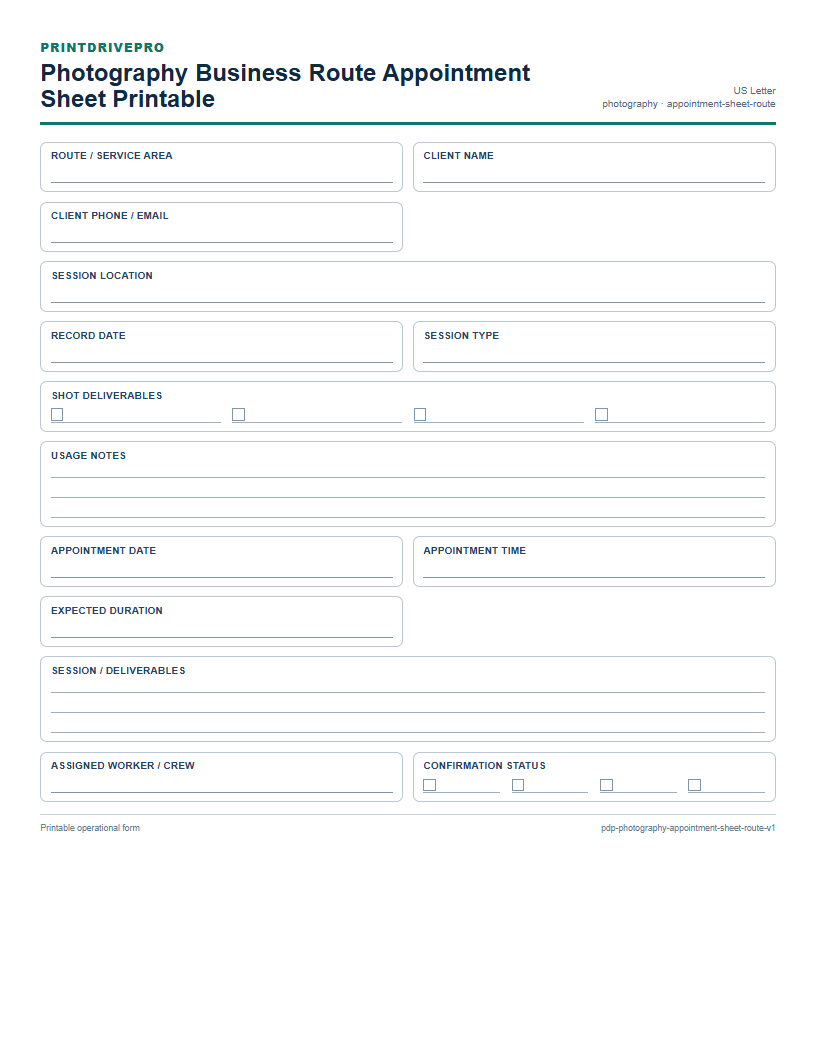 Photography Business Route Appointment Sheet Printable preview