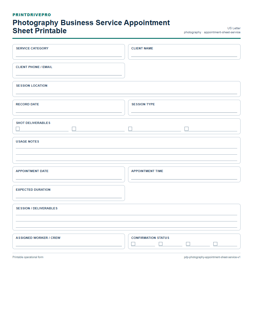 Photography Business Service Appointment Sheet Printable preview