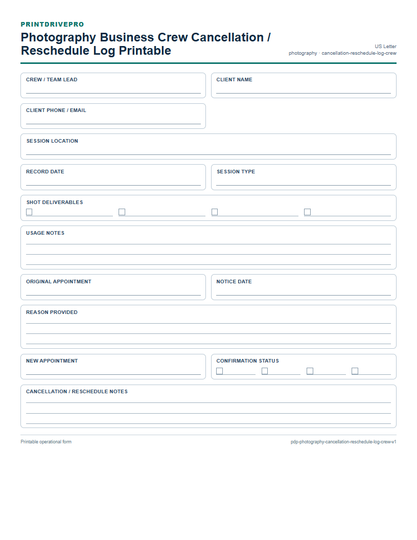 Photography Business Crew Cancellation / Reschedule Log Printable preview