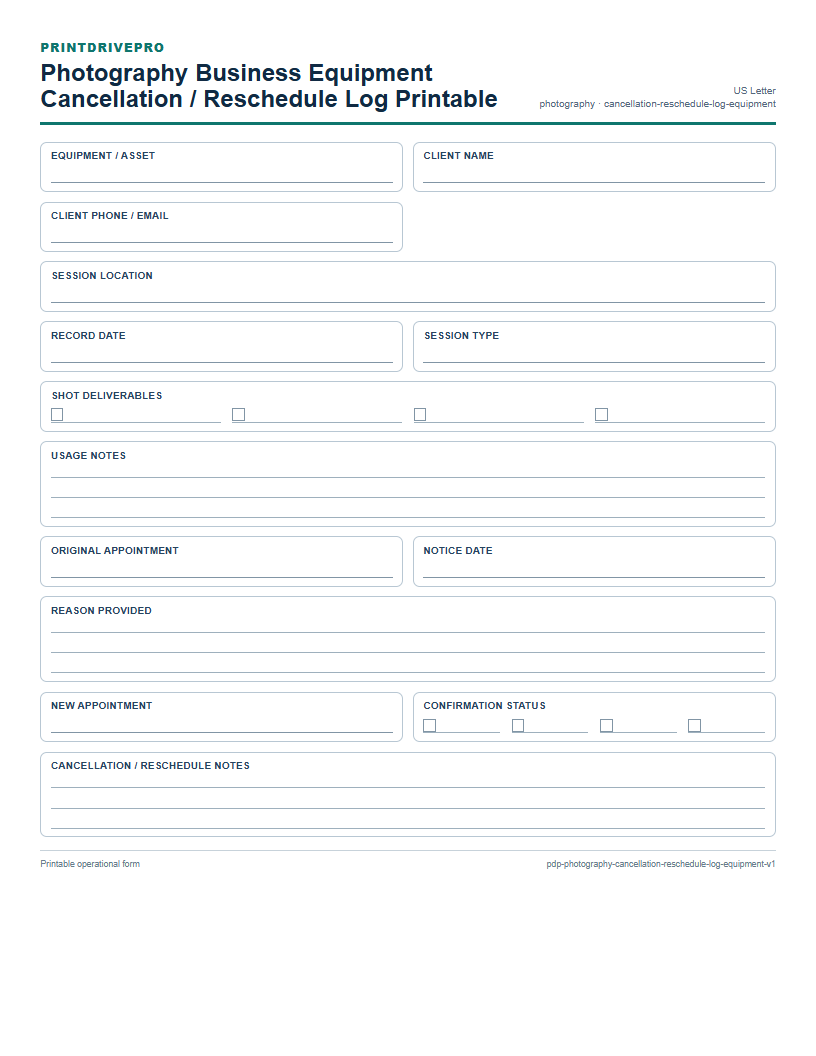 Photography Business Equipment Cancellation / Reschedule Log Printable preview