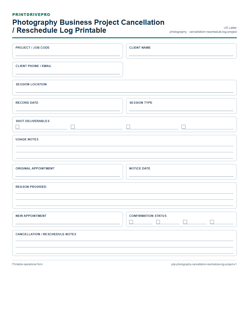 Photography Business Project Cancellation / Reschedule Log Printable preview