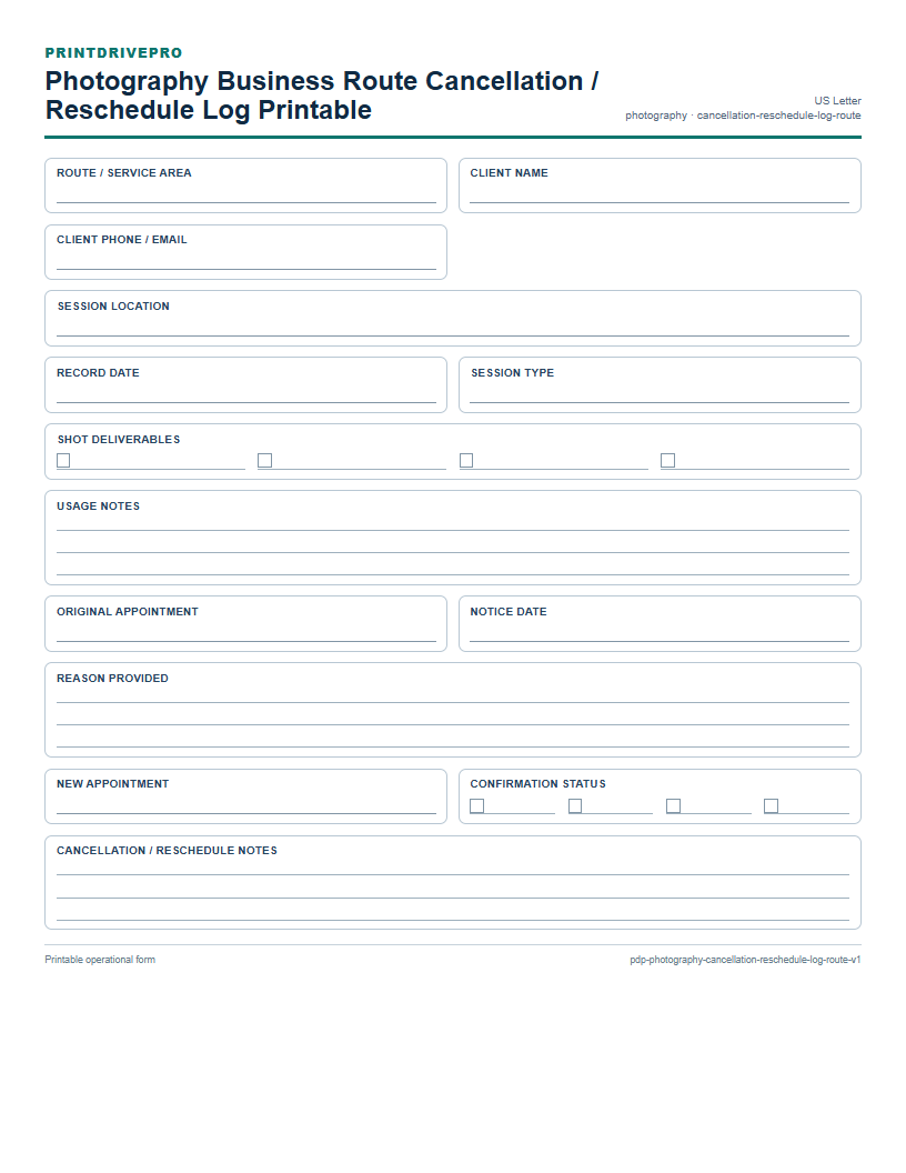 Photography Business Route Cancellation / Reschedule Log Printable preview