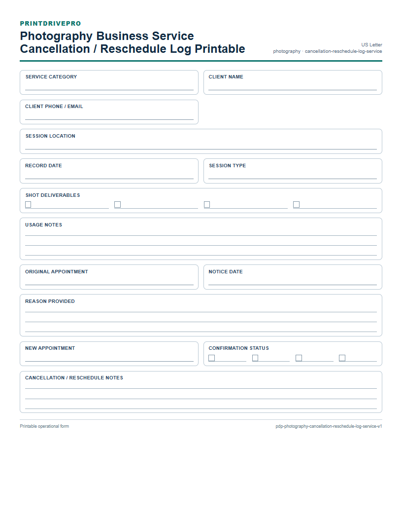 Photography Business Service Cancellation / Reschedule Log Printable preview