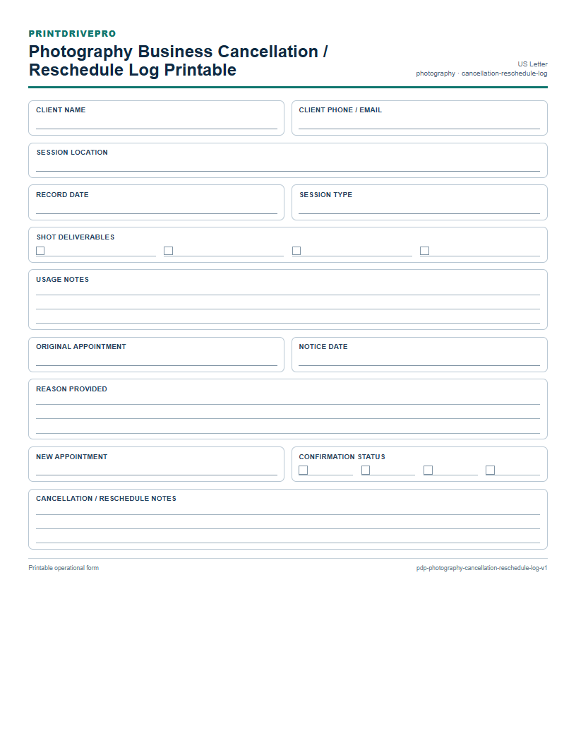 Photography Business Cancellation / Reschedule Log Printable preview