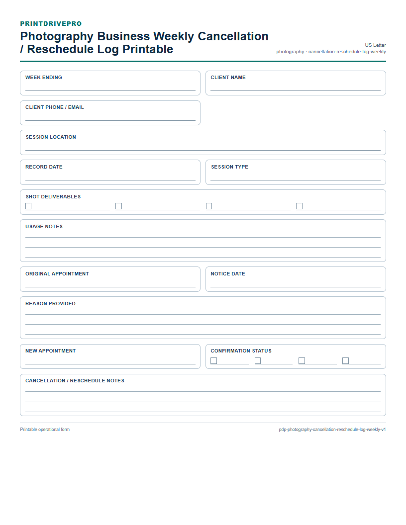 Photography Business Weekly Cancellation / Reschedule Log Printable preview