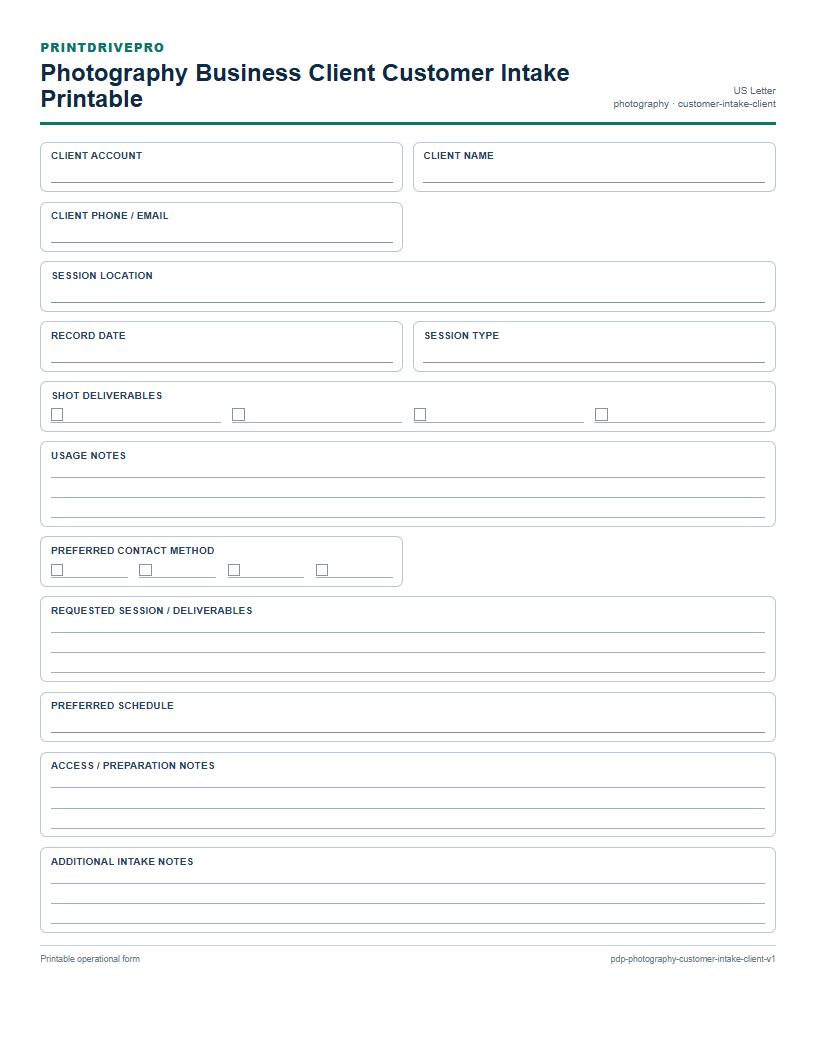 Photography Business Client Customer Intake Printable preview