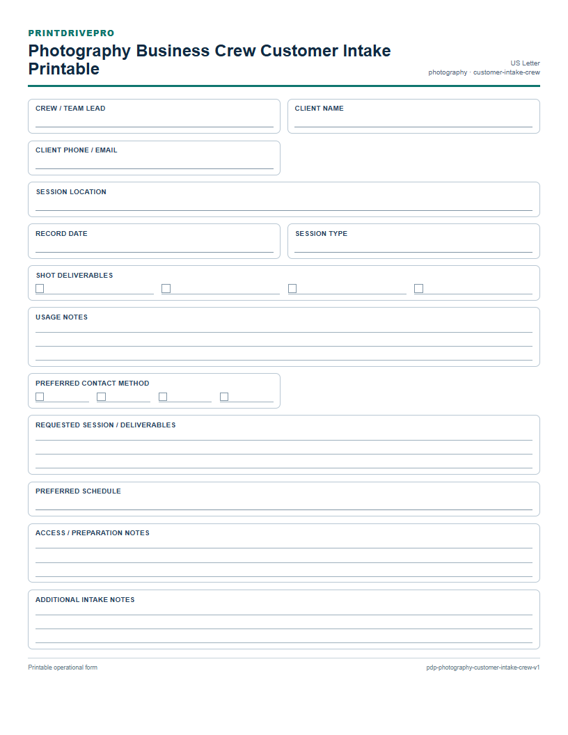 Photography Business Crew Customer Intake Printable preview
