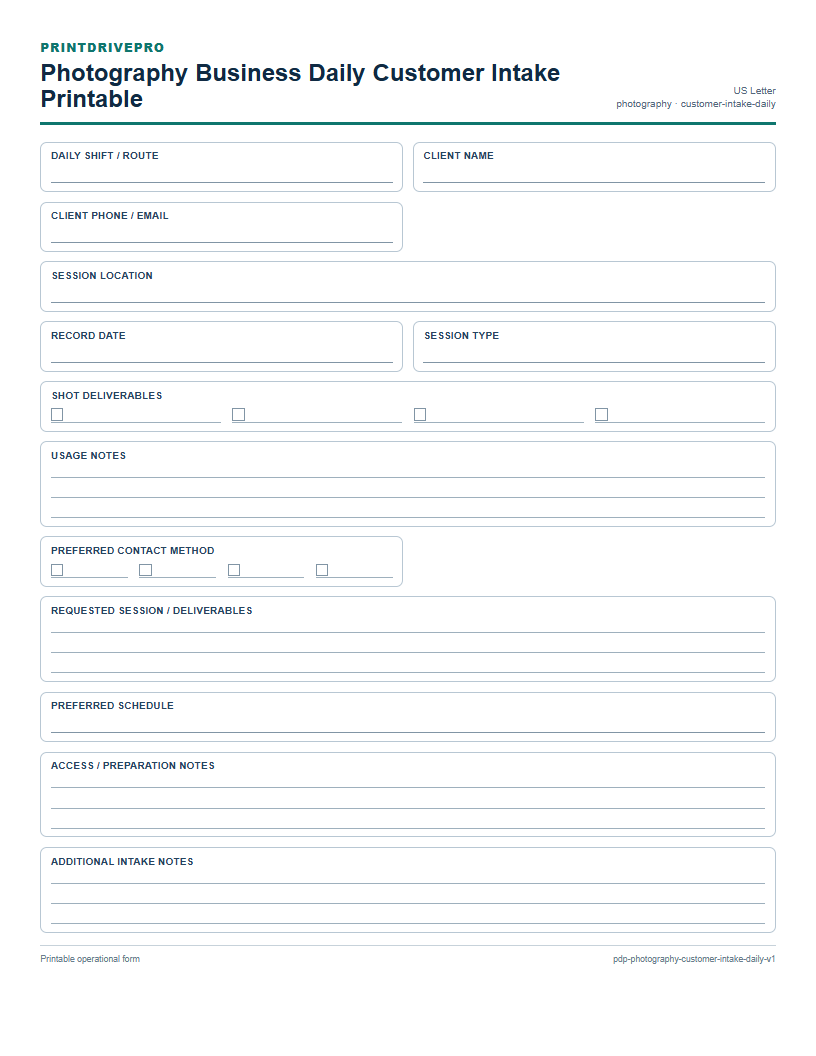 Photography Business Daily Customer Intake Printable preview