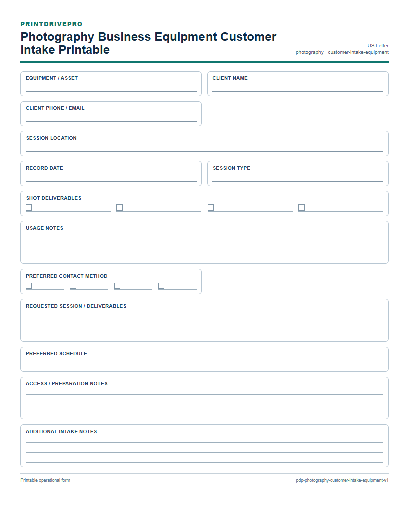 Photography Business Equipment Customer Intake Printable preview