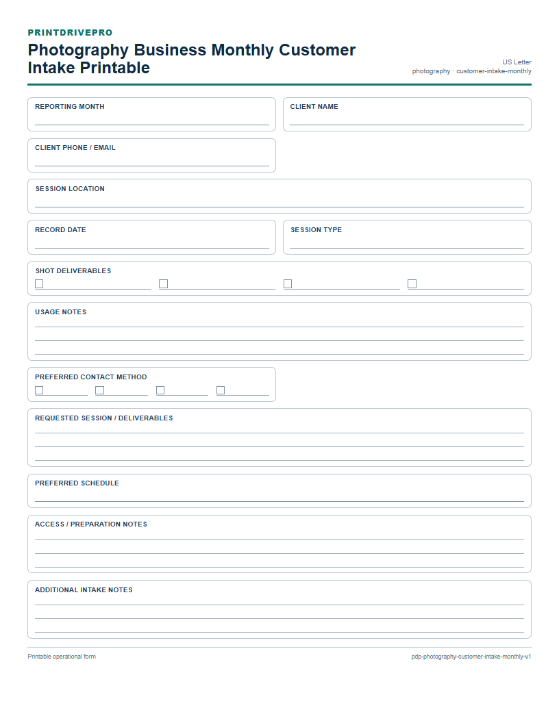 Photography Business Monthly Customer Intake Printable preview
