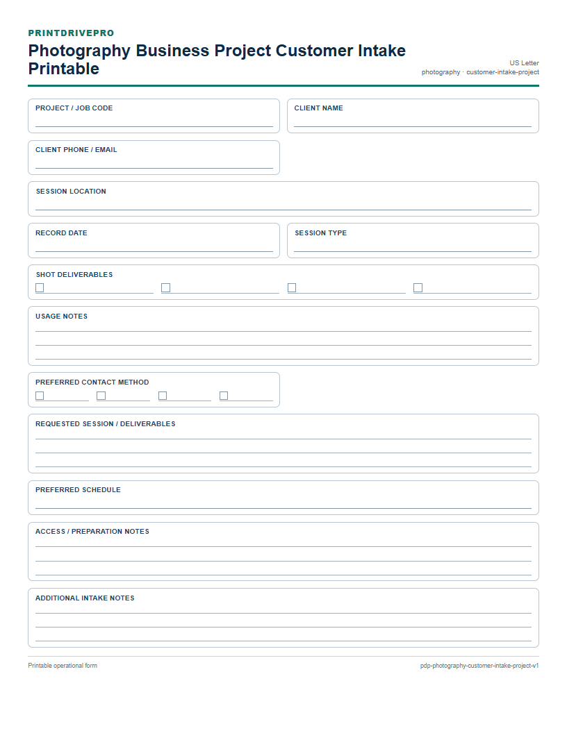 Photography Business Project Customer Intake Printable preview