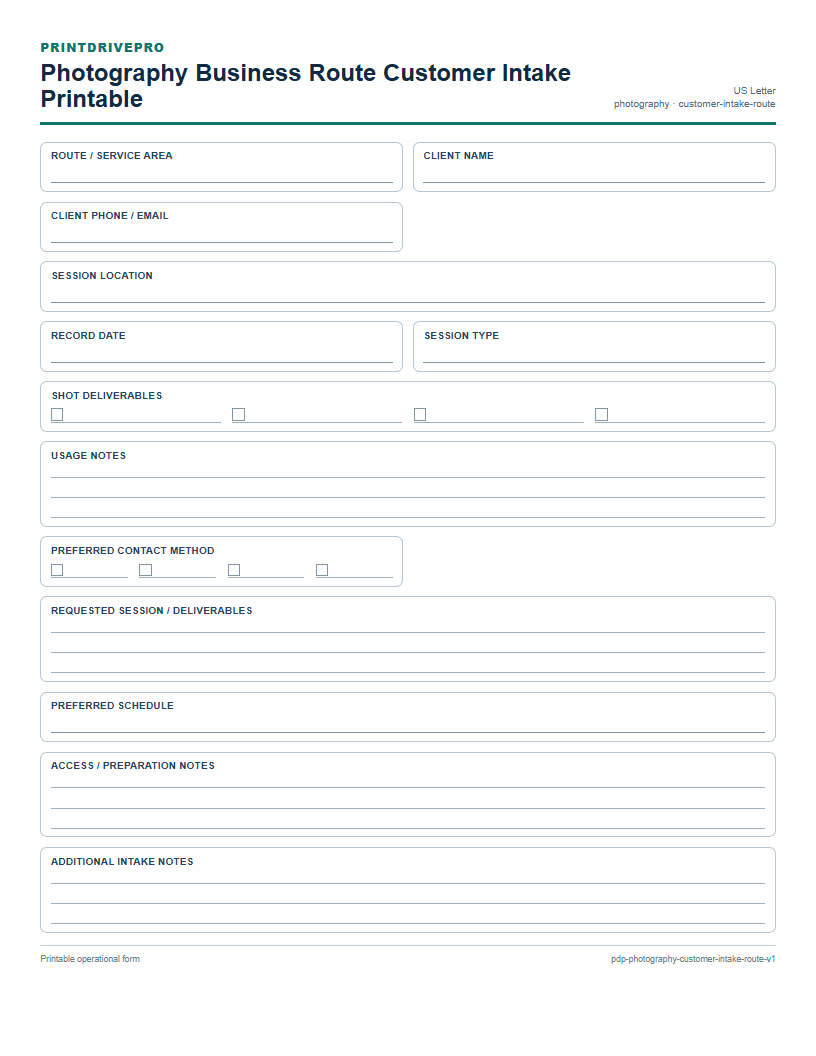 Photography Business Route Customer Intake Printable preview