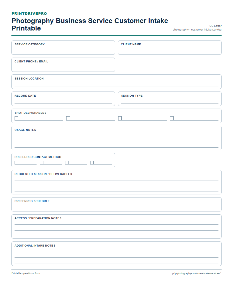 Photography Business Service Customer Intake Printable preview
