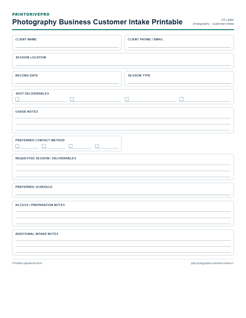 Photography Business Customer Intake Printable preview