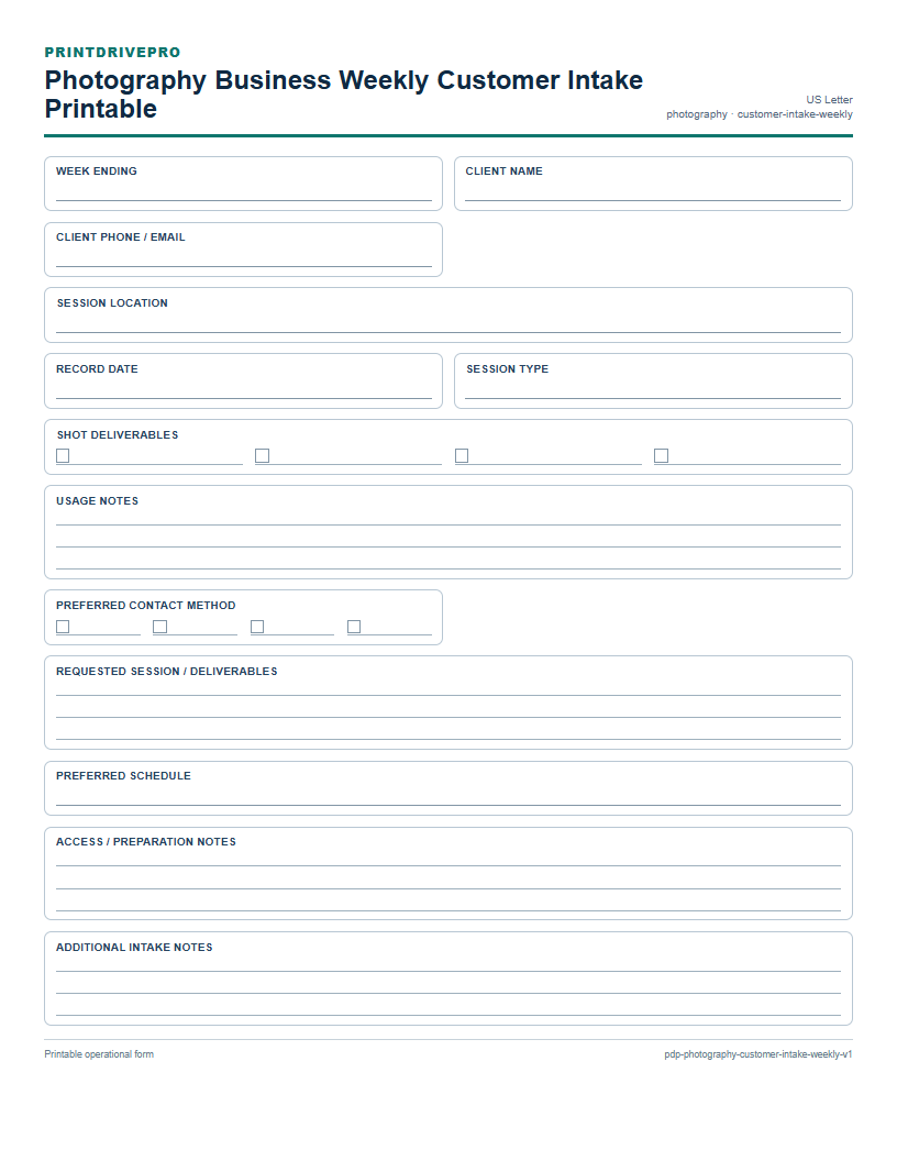Photography Business Weekly Customer Intake Printable preview
