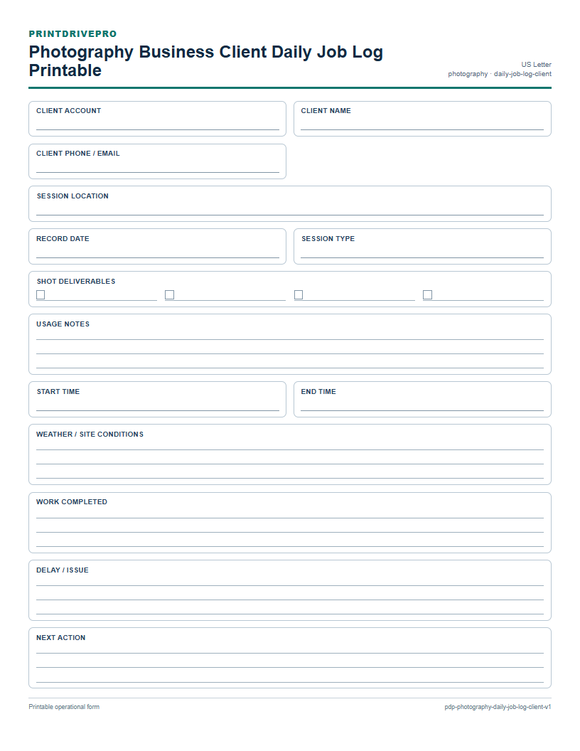Photography Business Client Daily Job Log Printable preview