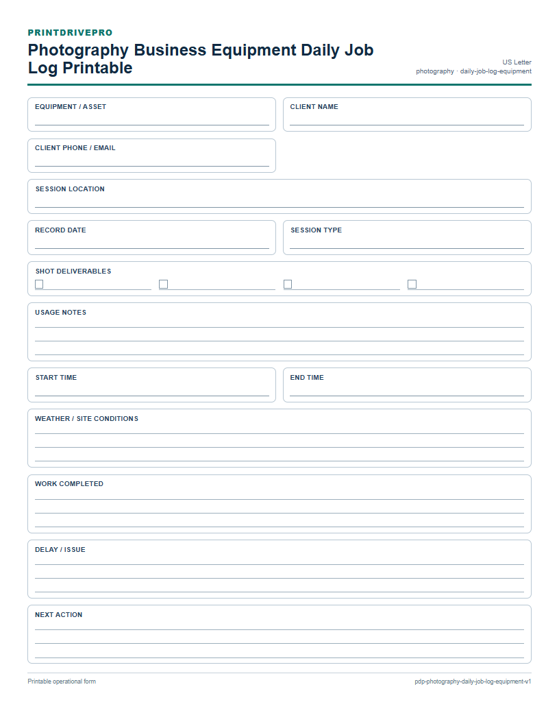 Photography Business Equipment Daily Job Log Printable preview