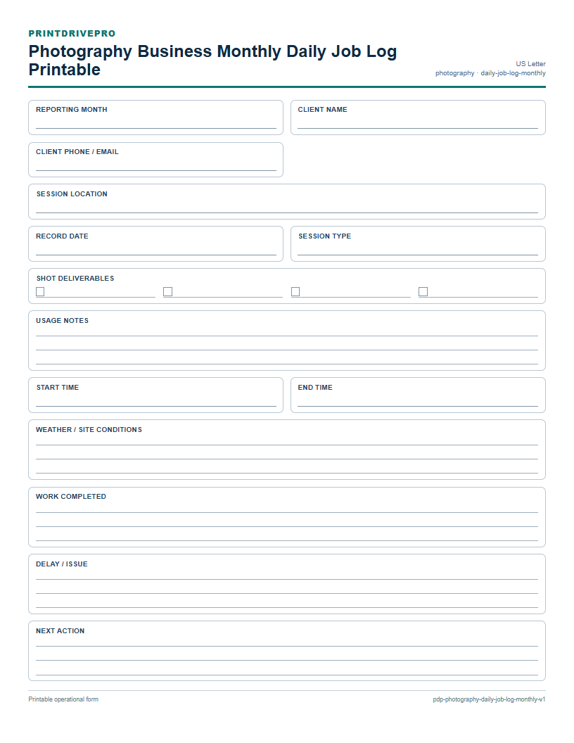 Photography Business Monthly Daily Job Log Printable preview