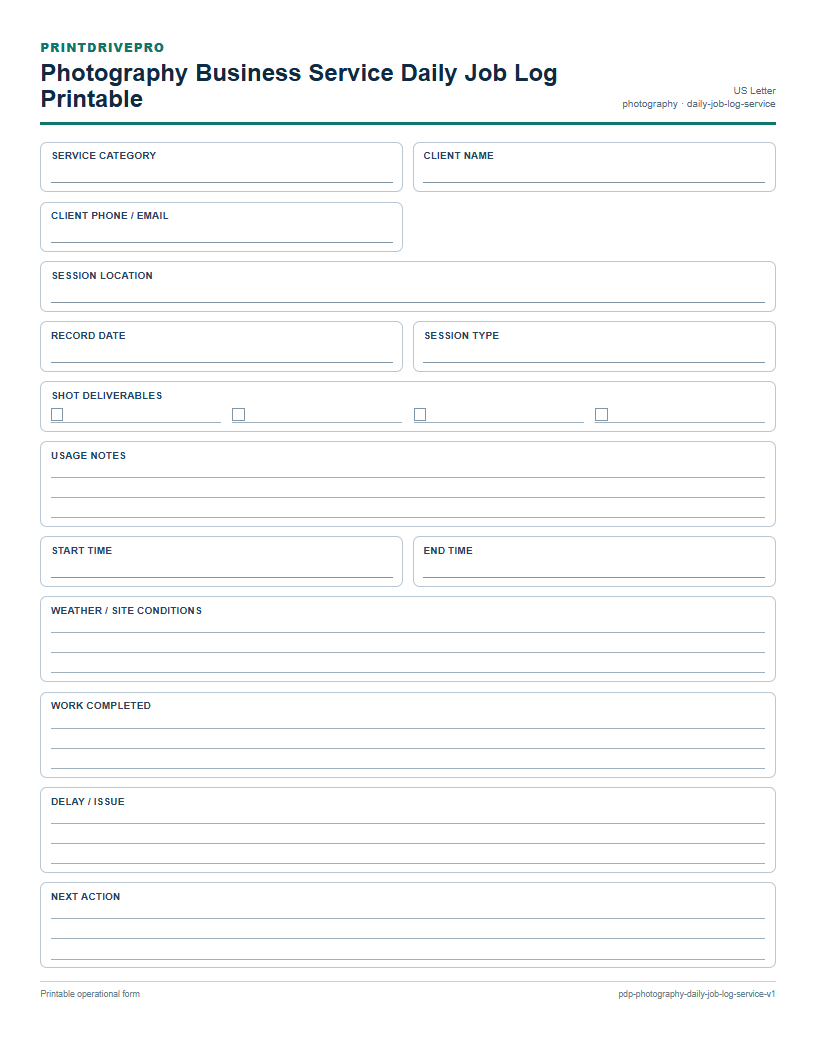 Photography Business Service Daily Job Log Printable preview