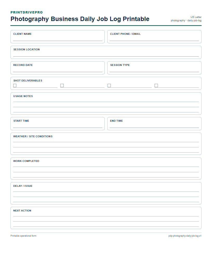 Photography Business Daily Job Log Printable preview
