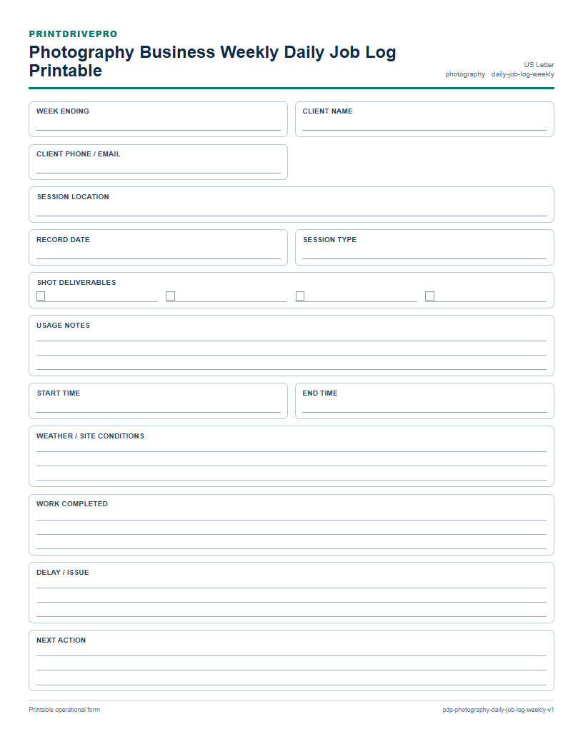 Photography Business Weekly Daily Job Log Printable preview