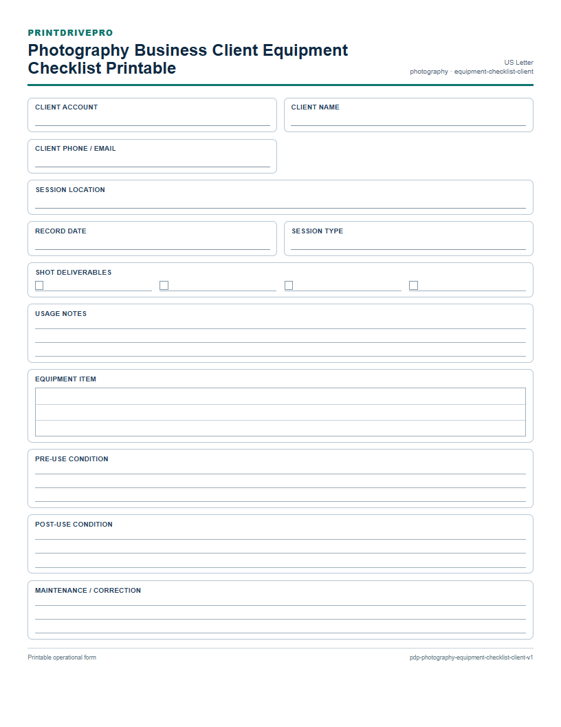 Photography Business Client Equipment Checklist Printable preview