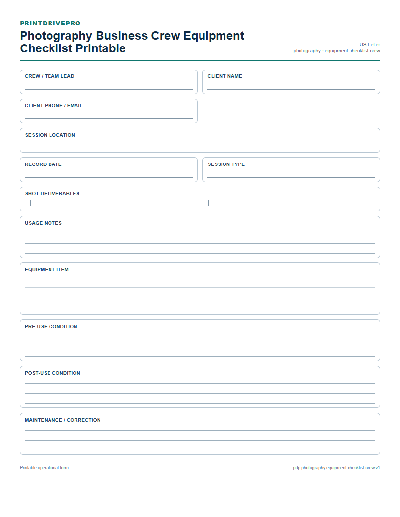 Photography Business Crew Equipment Checklist Printable preview