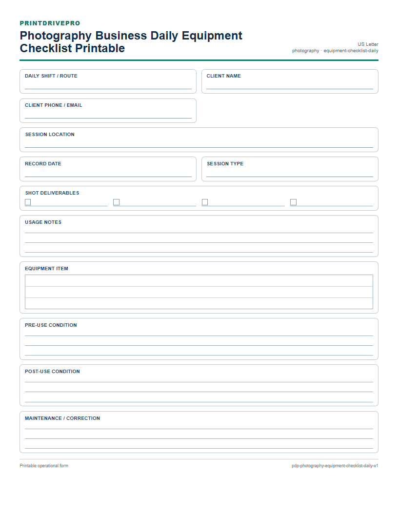 Photography Business Daily Equipment Checklist Printable preview