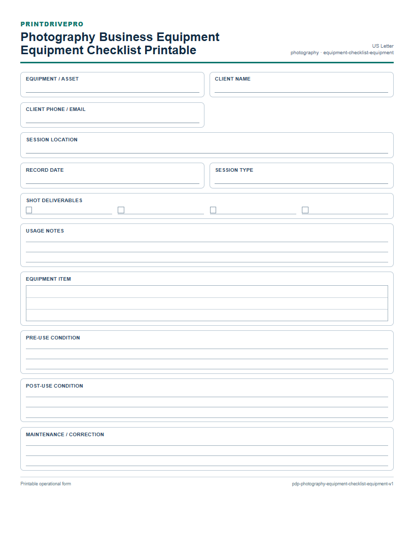 Photography Business Equipment Equipment Checklist Printable preview