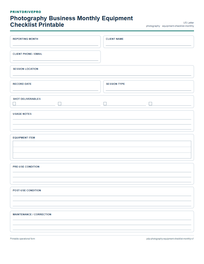 Photography Business Monthly Equipment Checklist Printable preview