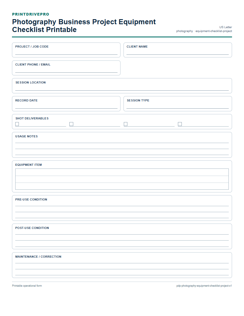 Photography Business Project Equipment Checklist Printable preview