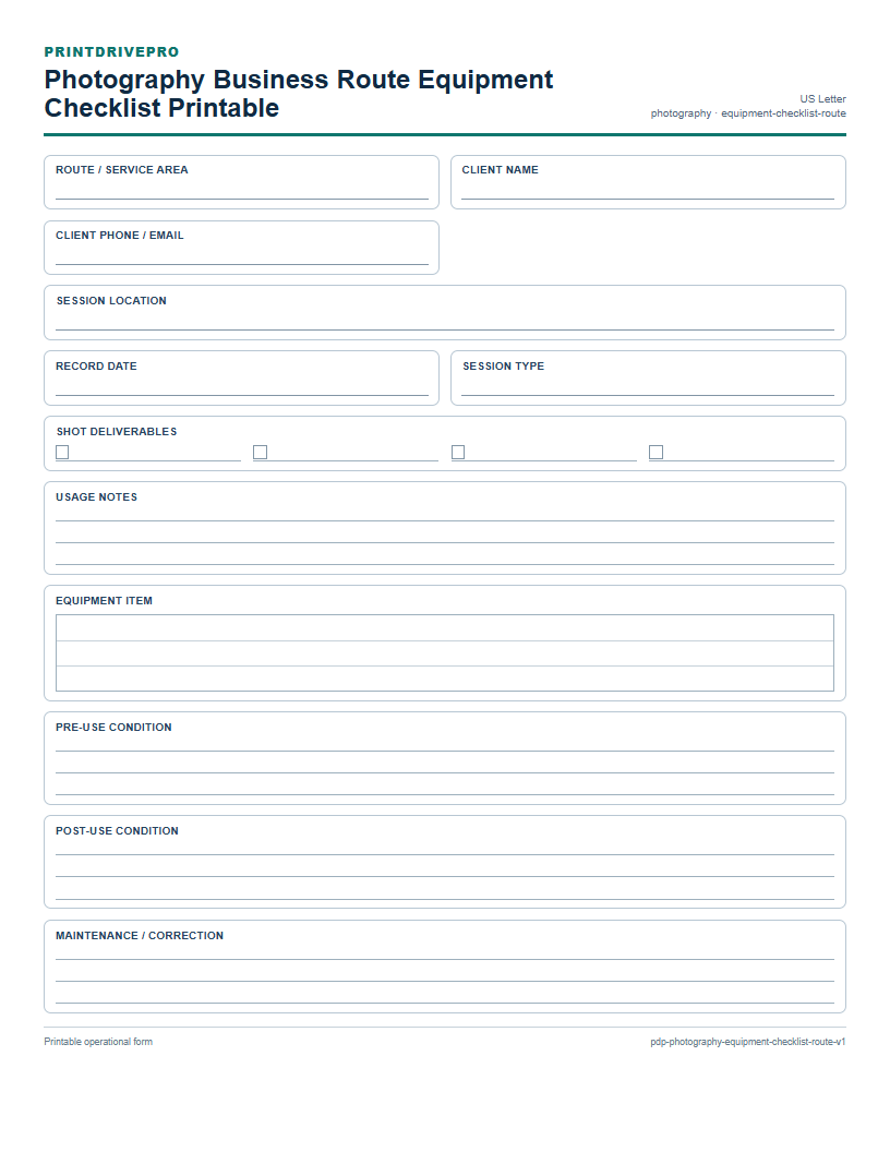 Photography Business Route Equipment Checklist Printable preview