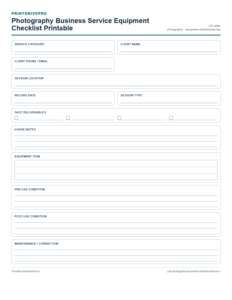 Photography Business Service Equipment Checklist Printable preview