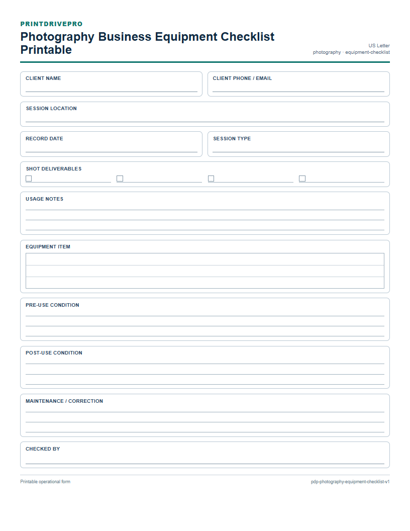 Photography Business Equipment Checklist Printable preview