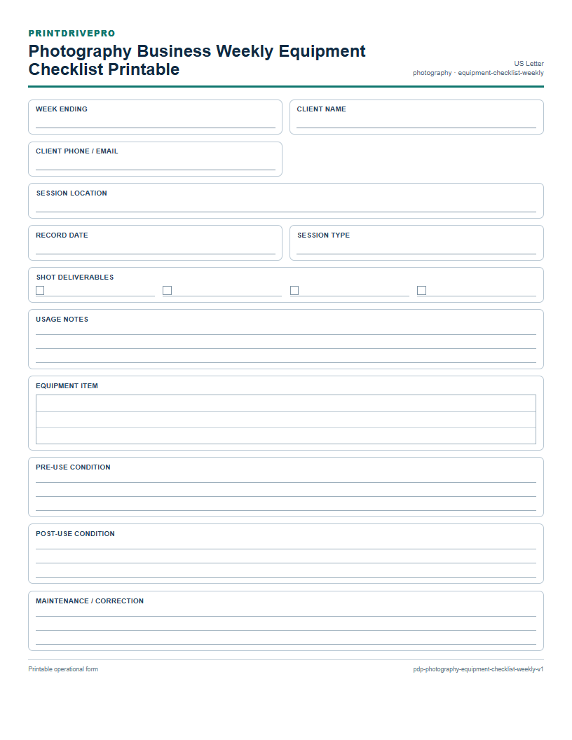 Photography Business Weekly Equipment Checklist Printable preview