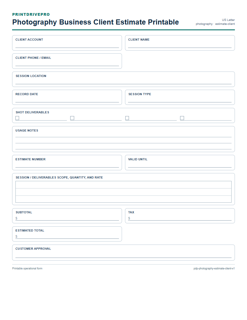 Photography Business Client Estimate Printable preview