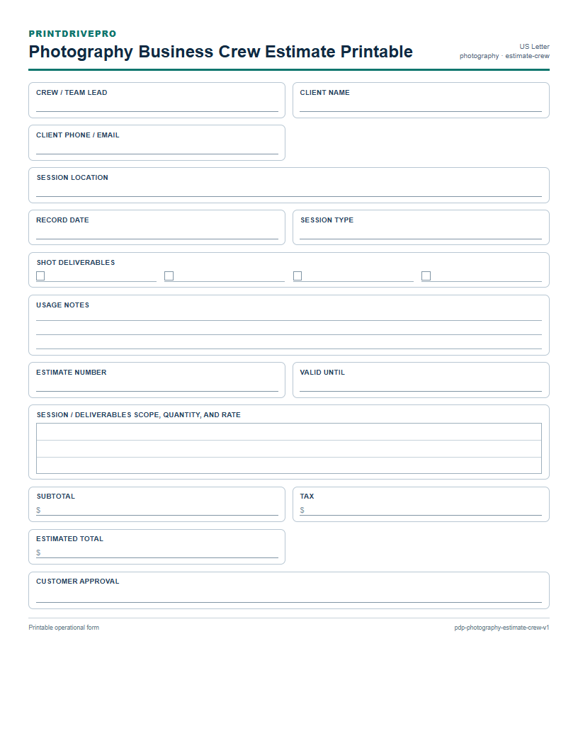Photography Business Crew Estimate Printable preview