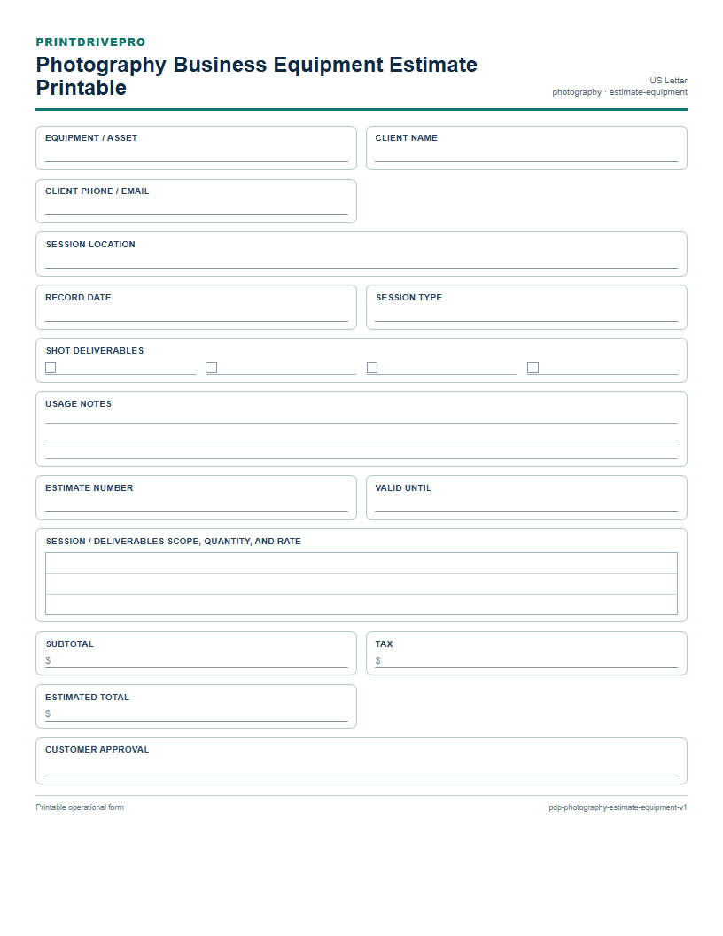 Photography Business Equipment Estimate Printable preview