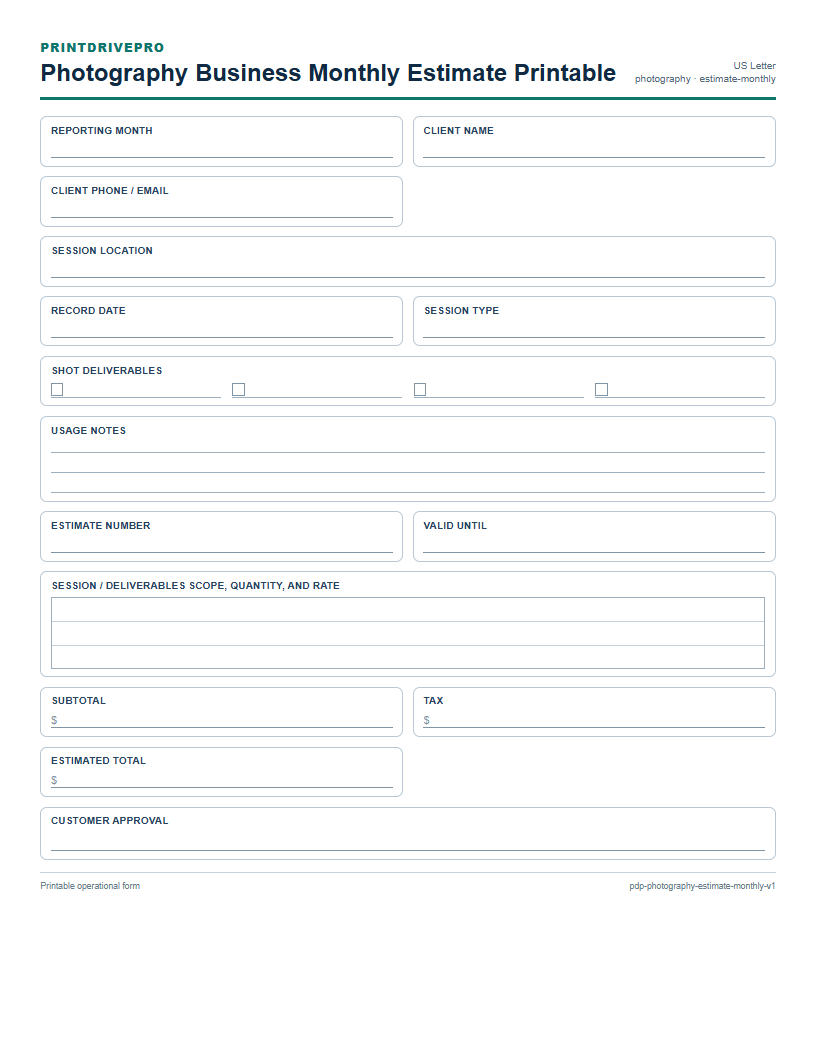 Photography Business Monthly Estimate Printable preview