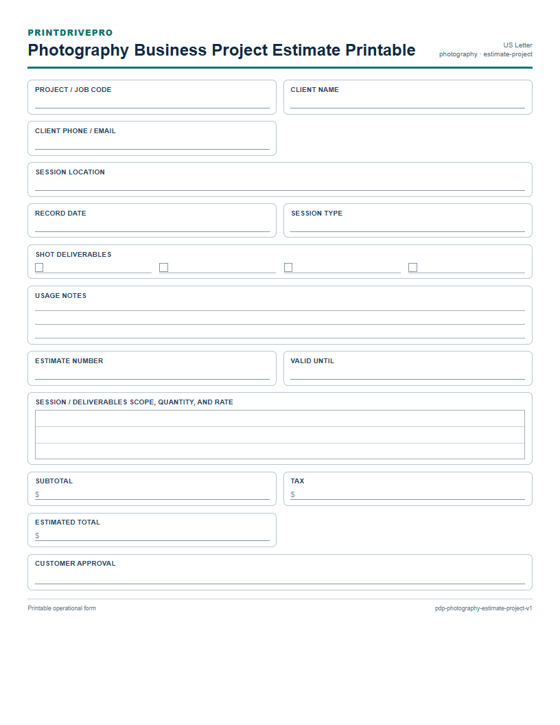 Photography Business Project Estimate Printable preview