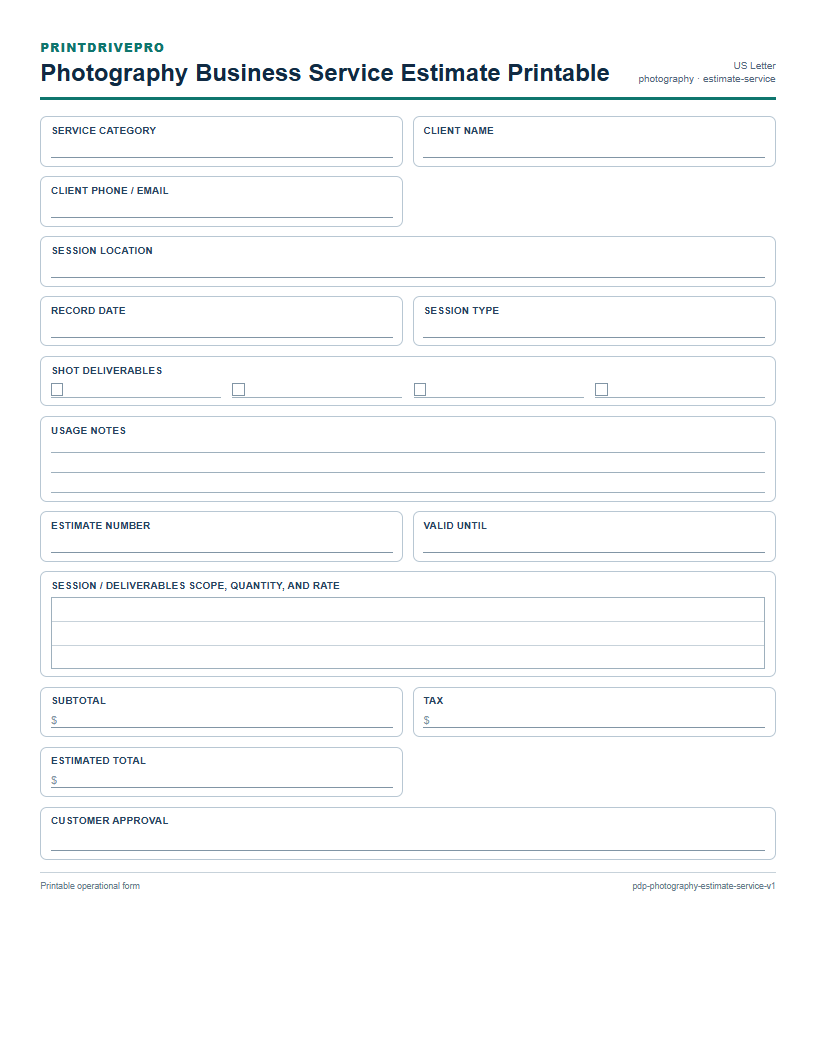 Photography Business Service Estimate Printable preview