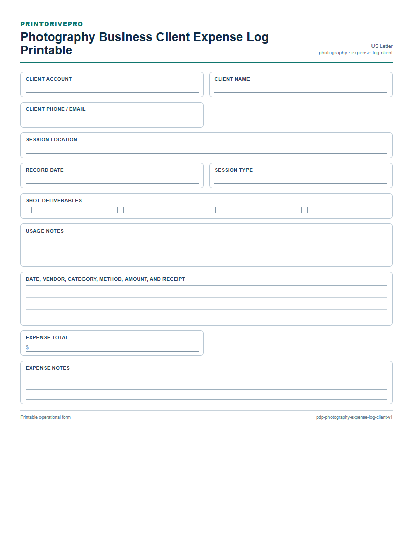 Photography Business Client Expense Log Printable preview