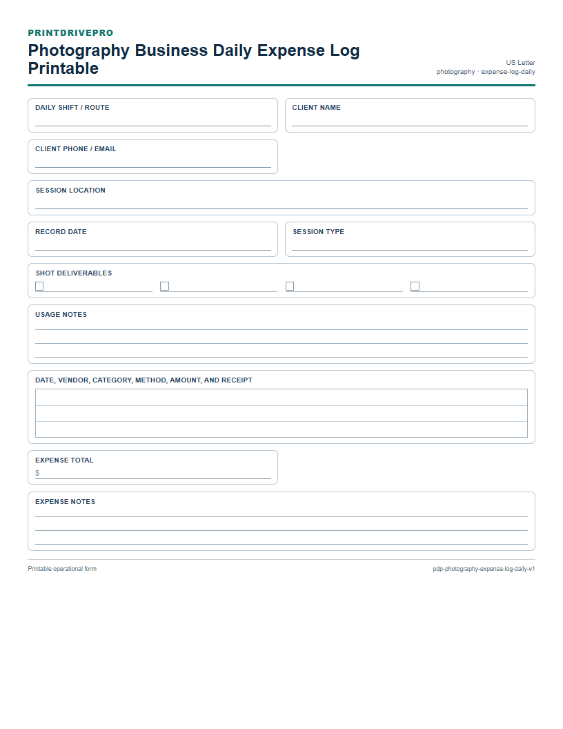 Photography Business Daily Expense Log Printable preview
