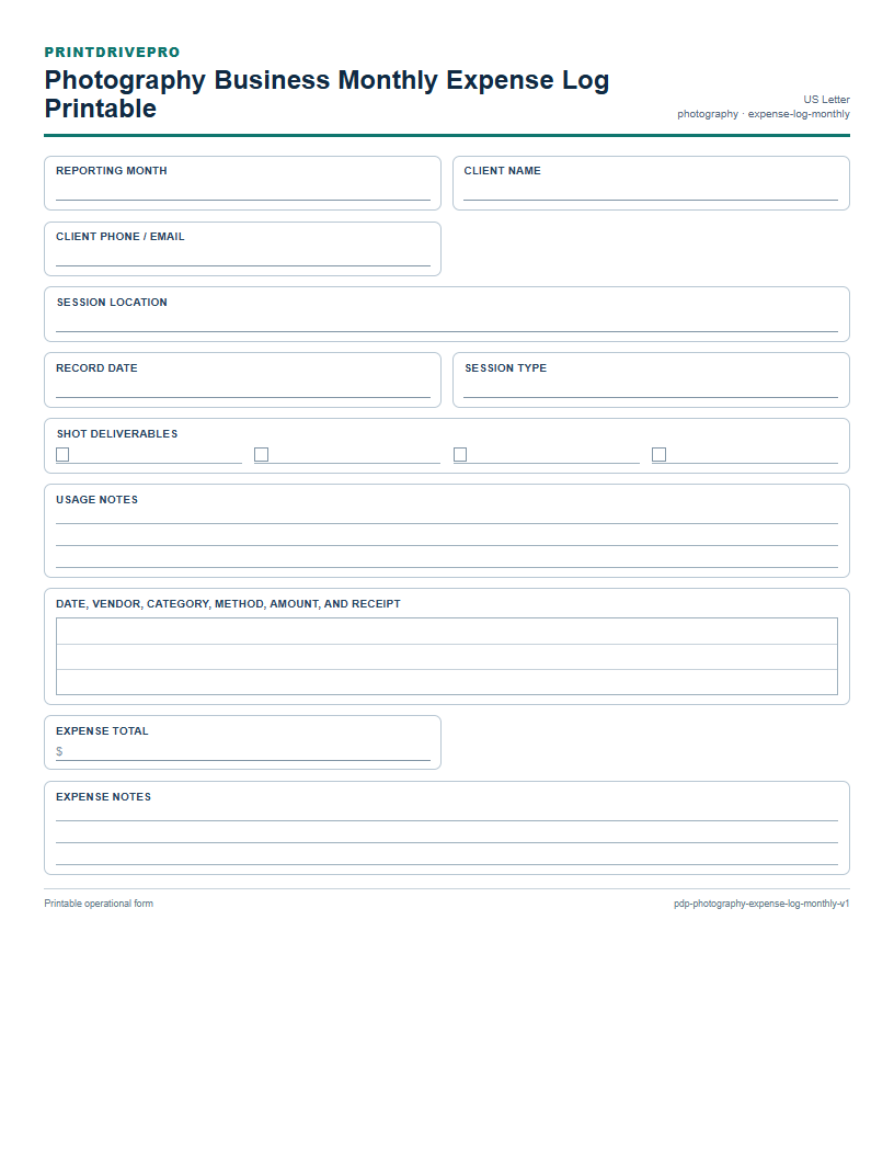 Photography Business Monthly Expense Log Printable preview