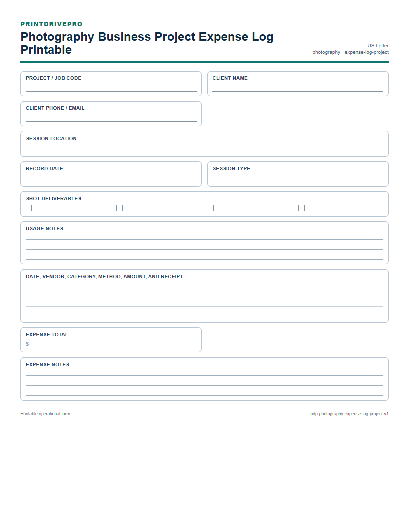 Photography Business Project Expense Log Printable preview