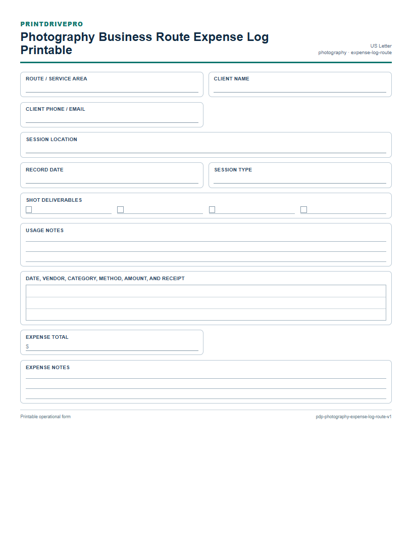Photography Business Route Expense Log Printable preview