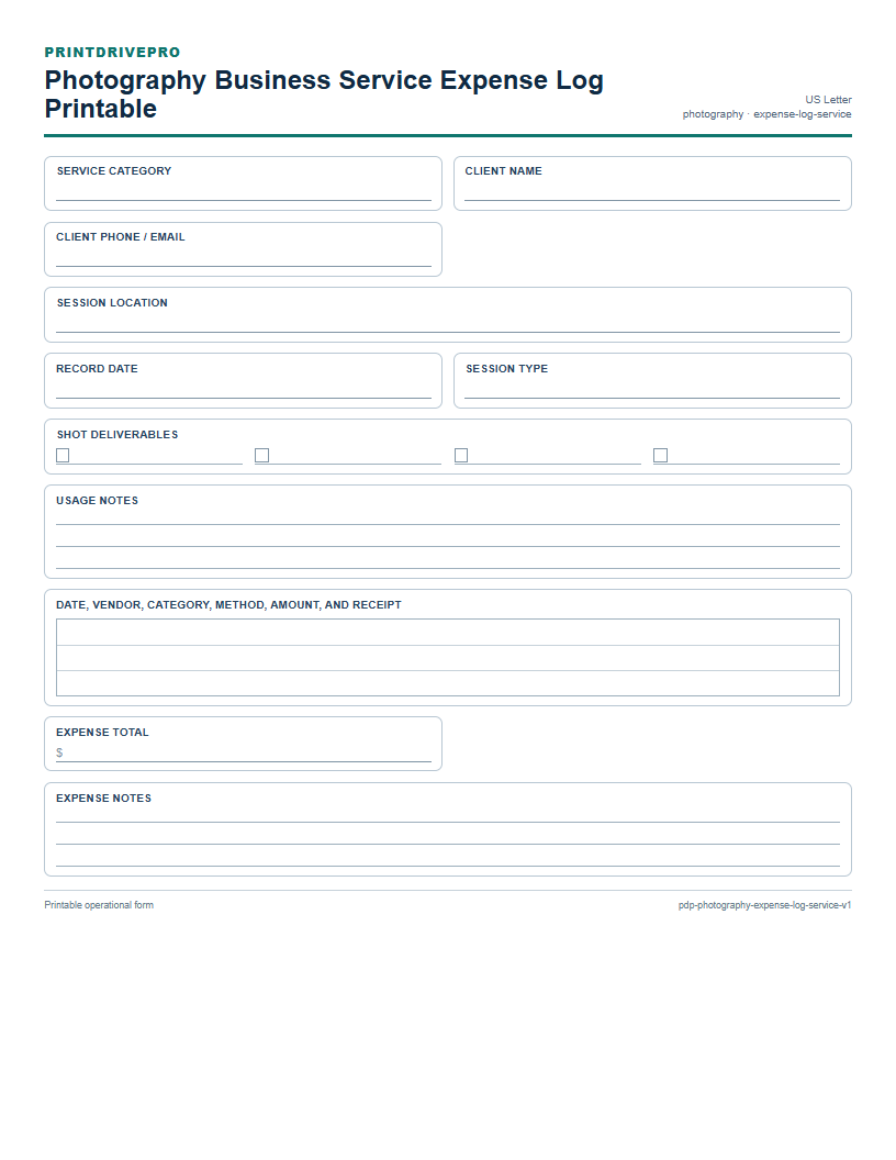 Photography Business Service Expense Log Printable preview