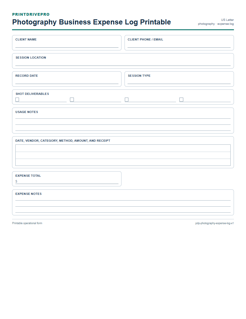 Photography Business Expense Log Printable preview